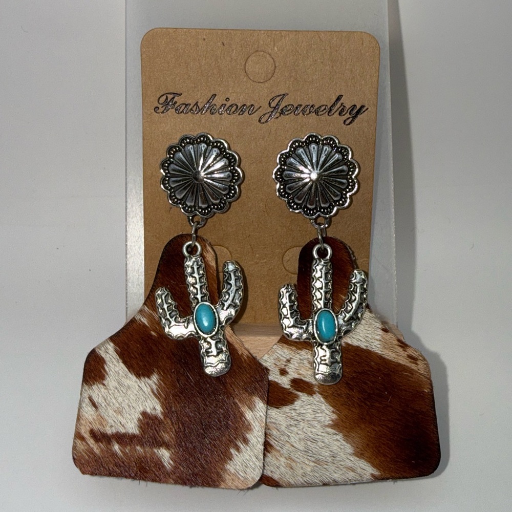 Western Cowhide Cactus Earrings Turquoise Boho Dangle Fashion Jewelry